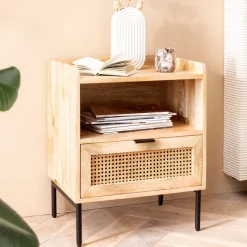 Nachtkonsole Massivholz Rattan Nachttisch Schublade Ablage Nachtkästchen BOHO