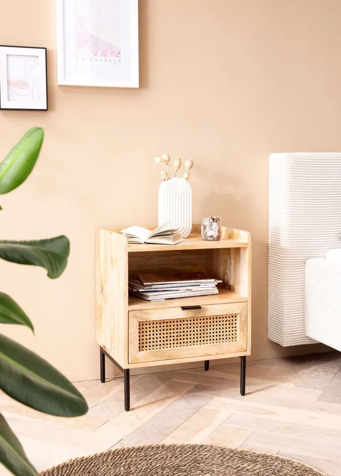Nachtkonsole Massivholz Rattan Nachttisch Schublade Ablage Nachtkästchen BOHO