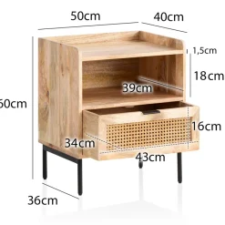 Nachtkonsole Massivholz Rattan Nachttisch Schublade Ablage Nachtkästchen BOHO