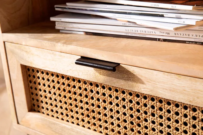 Nachtkonsole Massivholz Rattan Nachttisch Schublade Ablage Nachtkästchen BOHO