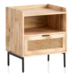Nachtkonsole Massivholz Rattan Nachttisch Schublade Ablage Nachtkästchen BOHO