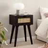 Nachtkonsole Massivholz Schwarz Rattan Schublade Nachttisch Nachtkästchen Boho