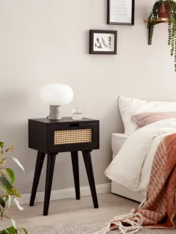 Nachtkonsole Massivholz Schwarz Rattan Schublade Nachttisch Nachtkästchen Boho