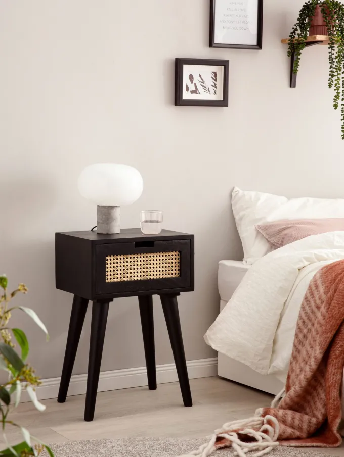 Nachtkonsole Massivholz Schwarz Rattan Schublade Nachttisch Nachtkästchen Boho