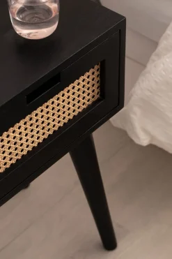 Nachtkonsole Massivholz Schwarz Rattan Schublade Nachttisch Nachtkästchen Boho