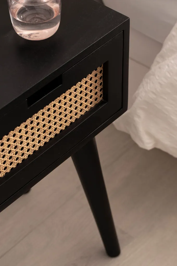 Nachtkonsole Massivholz Schwarz Rattan Schublade Nachttisch Nachtkästchen Boho