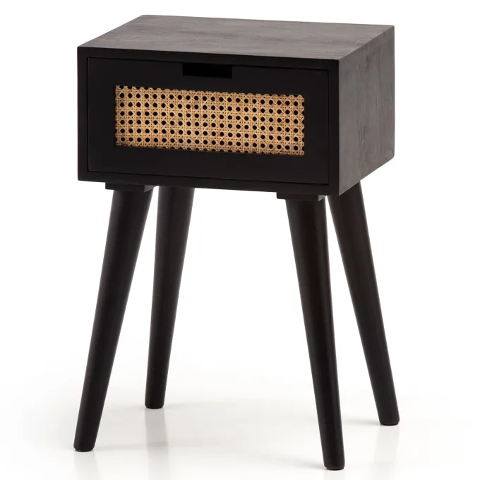 Nachtkonsole Massivholz Schwarz Rattan Schublade Nachttisch Nachtkästchen Boho