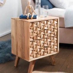 Nachttisch Akazie Massiv Nachtkonsole Boxspringbett Nachtkästchen 2 Schubladen