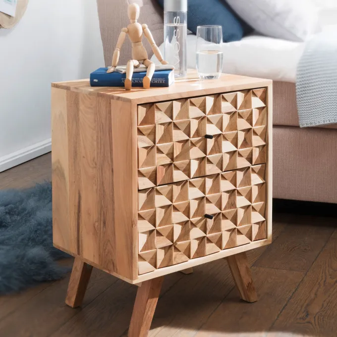 Nachttisch Akazie Massiv Nachtkonsole Boxspringbett Nachtkästchen 2 Schubladen