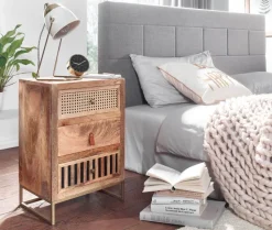 Nachttisch FineBuy Nachtkommode Boxspringbett Massivholz 60 cm Wiener Geflecht