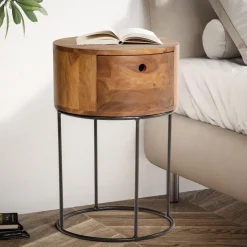 Nachttisch FineBuy Nachtkonsole Boxspringbett Holz Massiv 60 cm Schublade Rund