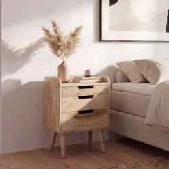 Nachttisch Mango Massivholz 3 Schubladen Ablage Nachtkonsole Natur Nachtkästchen