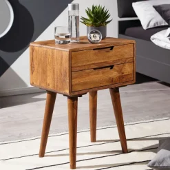 Nachttisch Sheesham Massivholz 2 Schubladen Nachtkästchen Nachtkonsole Retro