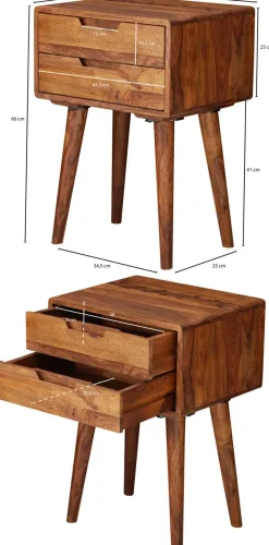 Nachttisch Sheesham Massivholz 2 Schubladen Nachtkästchen Nachtkonsole Retro