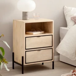 Nachttisch Whitewash Massivholz 2 Schubladen Nachtkonsole Design Nachtkästchen