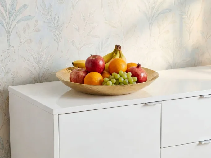 Obstschale Früchteschale Aluminium Gold Schale Rund Hammerschlag Metall Obstkorb