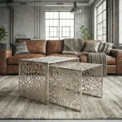 Satztisch 2er Set Couchtisch Aluminium Beistelltisch Metall Wohnzimmertisch Alu
