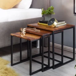 Satztisch FineBuy Beistelltisch 3er Set Holz Massiv Metall Couchtisch Tisch