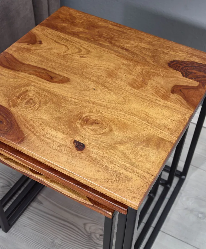 Satztisch FineBuy Beistelltisch 3er Set Holz Massiv Metall Couchtisch Tisch