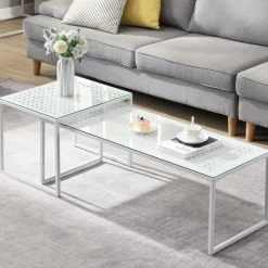 Satztisch FineBuy 2er Set Glasplatte Metallgestell Couchtisch Sofatisch Modern