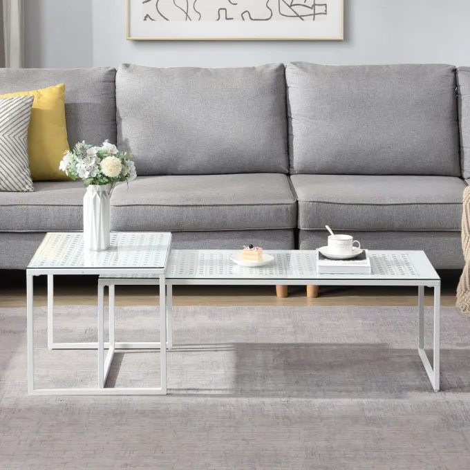 Satztisch FineBuy 2er Set Glasplatte Metallgestell Couchtisch Sofatisch Modern
