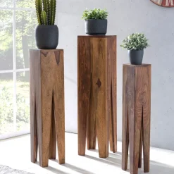 Satztisch FineBuy Massivholz Blumentisch 3er Set Säulentisch Dekosäule Eckig
