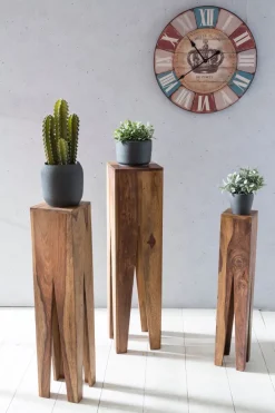 Satztisch FineBuy Massivholz Blumentisch 3er Set Säulentisch Dekosäule Eckig
