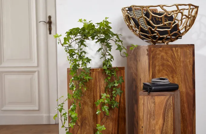Satztisch FineBuy Massivholz Blumentisch 3er Set Säulentisch Dekosäule Eckig