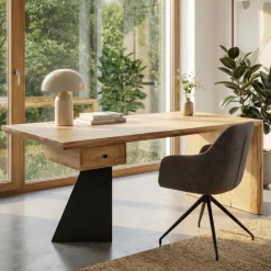 Schreibtisch 180 cm Massivholz Schublade Industrial Bürotisch Natur Holztisch