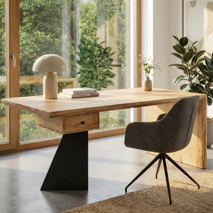 Schreibtisch 180 cm Massivholz Schublade Industrial Bürotisch Natur Holztisch