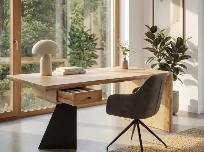 Schreibtisch 180 cm Massivholz Schublade Industrial Bürotisch Natur Holztisch