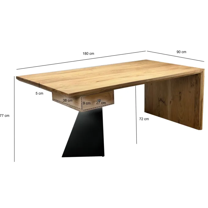 Schreibtisch 180 cm Massivholz Schublade Industrial Bürotisch Natur Holztisch