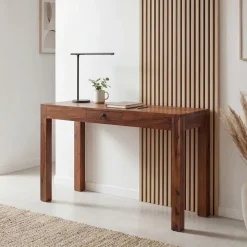 Schreibtisch FineBuy Bürotisch 118 cm Sheesham Massivholz Laptoptisch Schublade