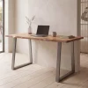 Schreibtisch FineBuy Bürotisch 120 cm Akazie Massivholz Computertisch Baumkante