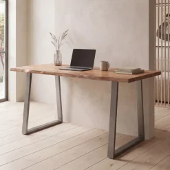Schreibtisch FineBuy Bürotisch 120 cm Akazie Massivholz Computertisch Baumkante