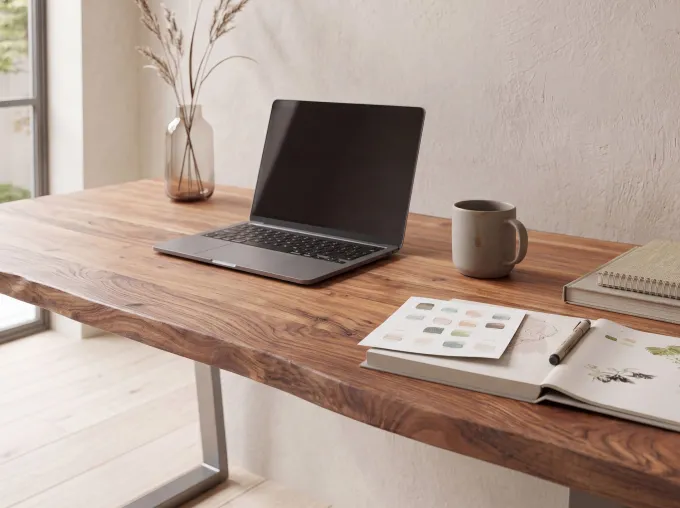 Schreibtisch FineBuy Bürotisch 120 cm Akazie Massivholz Computertisch Baumkante
