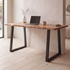 Schreibtisch FineBuy Bürotisch 120 cm Akazie Massivholz Computertisch Baumkante