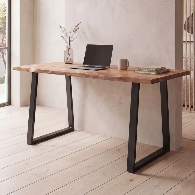 Schreibtisch FineBuy Bürotisch 120 cm Akazie Massivholz Computertisch Baumkante