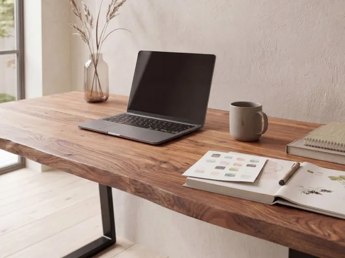 Schreibtisch FineBuy Bürotisch 120 cm Akazie Massivholz Computertisch Baumkante