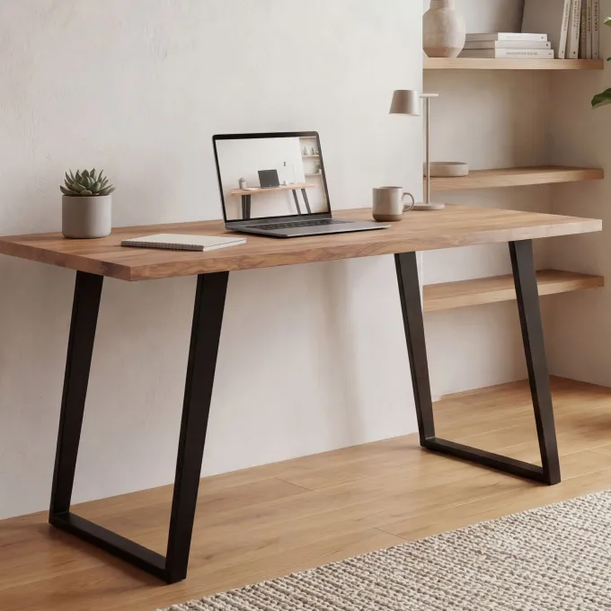 Schreibtisch FineBuy 120 cm Akazie Massivholz Bürotisch Computertisch Baumkante