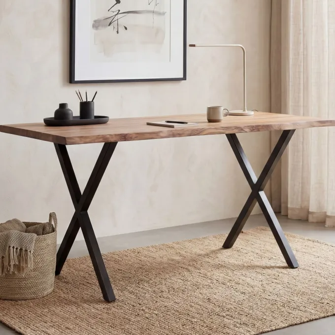 Schreibtisch FineBuy 120 cm Akazie Massivholz Bürotisch Computertisch Baumkante