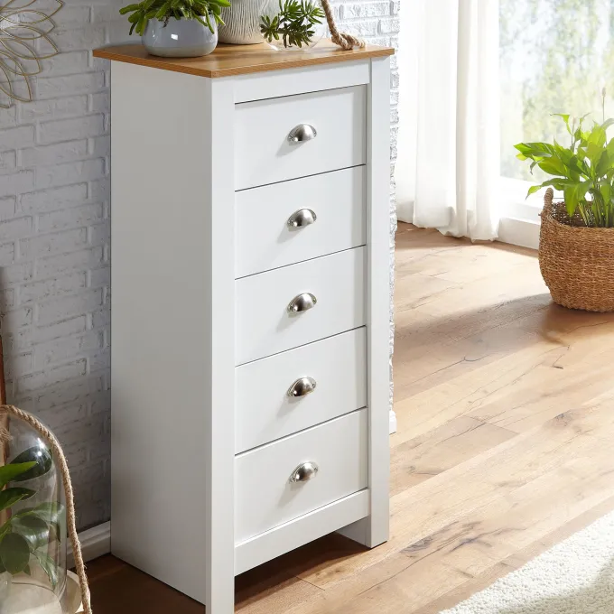 Schubladenkommode 53cm mit 5 Schubladen in MDF Weiß mit Eiche Kommode Sideboard