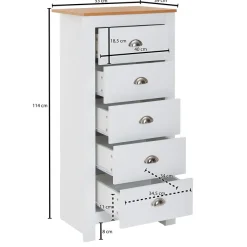 Schubladenkommode 53cm mit 5 Schubladen in MDF Weiß mit Eiche Kommode Sideboard