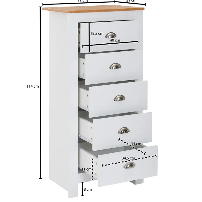 Schubladenkommode 53cm mit 5 Schubladen in MDF Weiß mit Eiche Kommode Sideboard