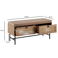 Schuhbank FineBuy Flurbank 100 cm Sitzbank Rattan Schuhregal Eiche Schubladen