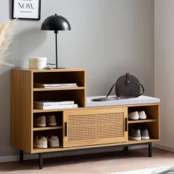 Schuhbank FineBuy Garderobe mit Sitzbank 120 cm Wiener Geflecht Schuhregal Eiche