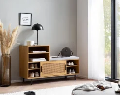 Schuhbank FineBuy Garderobe mit Sitzbank 120 cm Wiener Geflecht Schuhregal Eiche
