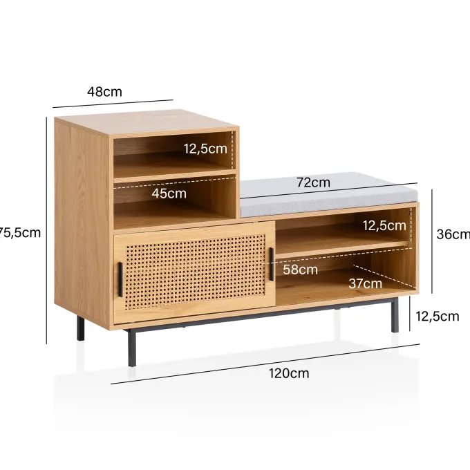 Schuhbank FineBuy Garderobe mit Sitzbank 120 cm Wiener Geflecht Schuhregal Eiche
