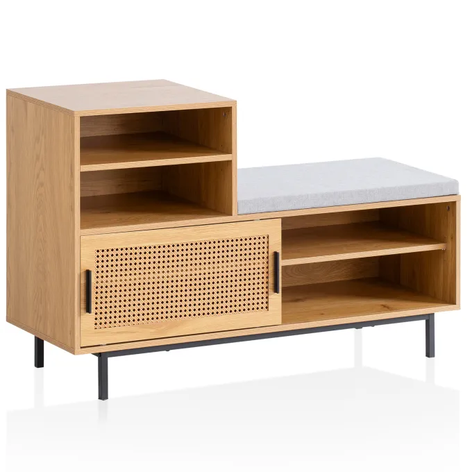 Schuhbank FineBuy Garderobe mit Sitzbank 120 cm Wiener Geflecht Schuhregal Eiche
