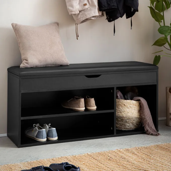 Schuhbank FineBuy Garderobenbank 104 cm Sitzbank Kunstleder Flurbank Schwarz